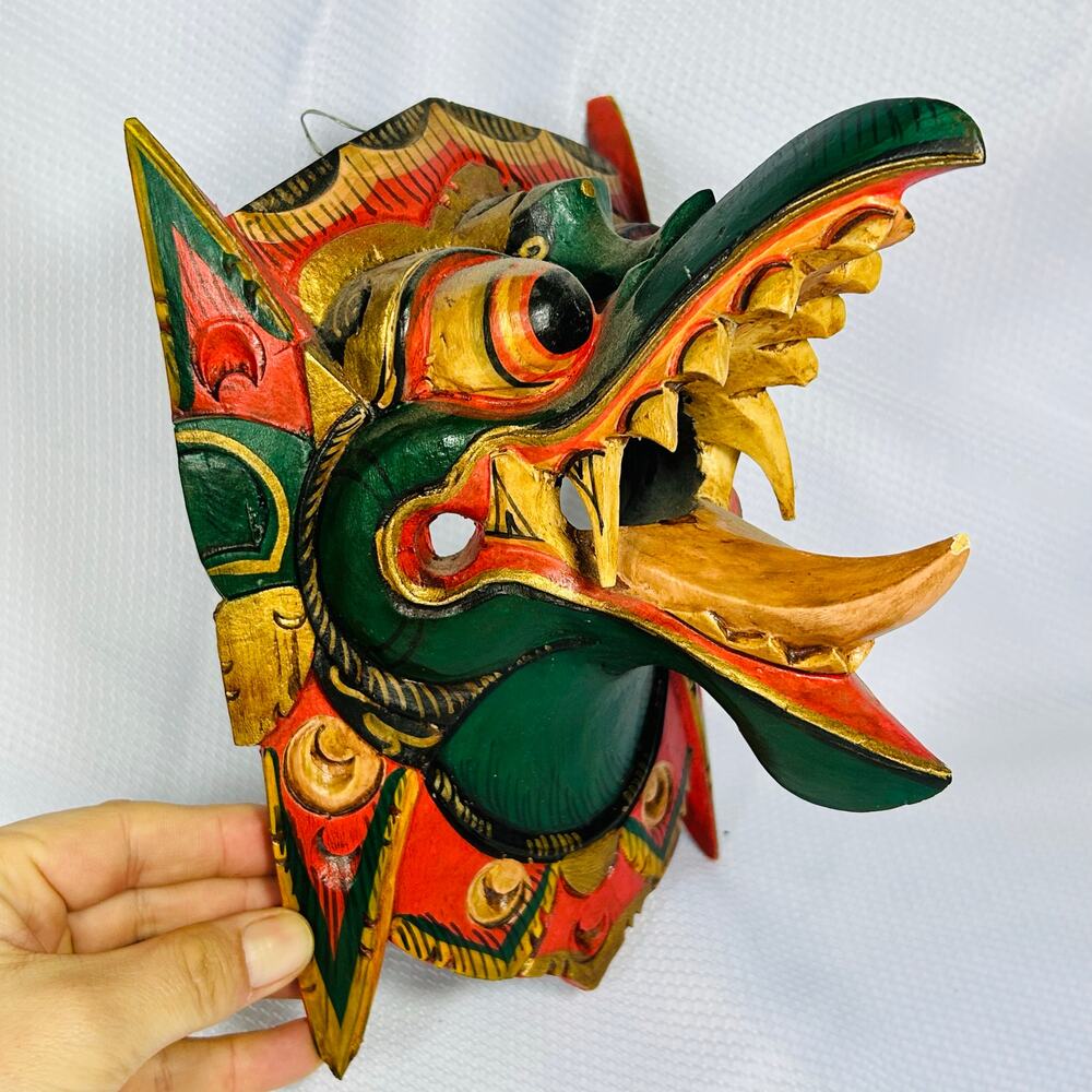 Hand-Carved Green & Red Dragon Wall Mask - Decorative Home Accent